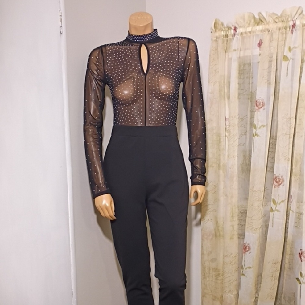 Iris Black Sheer Bodysuit with Rhinestone Detail Size L‎